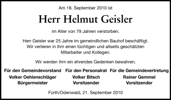 Traueranzeige von Helmut Geisler von Starkenburger Echo