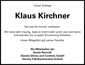 Traueranzeige von Klaus Kirchner von Odenwälder Echo