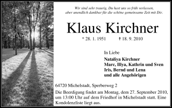 Traueranzeige von Klaus Kirchner von Odenwälder Echo