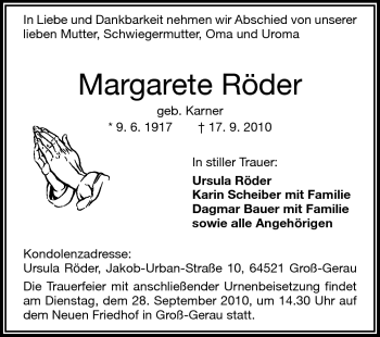 Traueranzeige von Margarete Röder von Rüsselsheimer Echo, Groß-Gerauer-Echo, Ried Echo