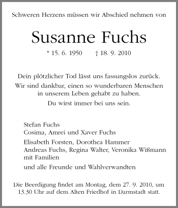 Traueranzeige von Susanne Fuchs von Darmstädter Echo, Odenwälder Echo, Rüsselsheimer Echo, Groß-Gerauer-Echo, Ried Echo