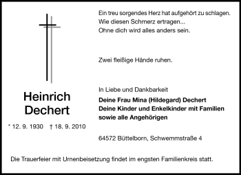 Traueranzeige von Heinrich Dechert von Rüsselsheimer Echo, Groß-Gerauer-Echo, Ried Echo