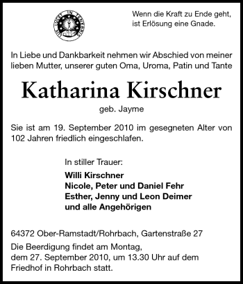 Traueranzeige von Katharina Kirschner von Darmstädter Echo, Odenwälder Echo, Rüsselsheimer Echo, Groß-Gerauer-Echo, Ried Echo
