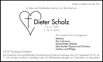 Traueranzeige von Dieter Scholz von Odenwälder Echo