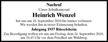 Traueranzeige von Heinrich Wenzel von Rüsselsheimer Echo, Groß-Gerauer-Echo, Ried Echo
