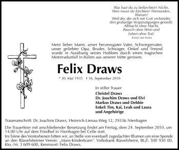 Traueranzeige von Felix Draws von Rüsselsheimer Echo, Groß-Gerauer-Echo, Ried Echo