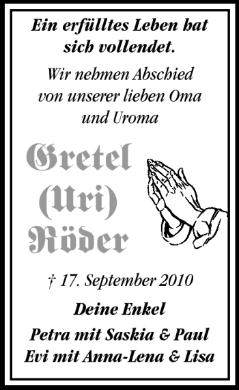 Traueranzeige von Gretel Röder von Darmstädter Echo, Odenwälder Echo, Rüsselsheimer Echo, Groß-Gerauer-Echo, Ried Echo