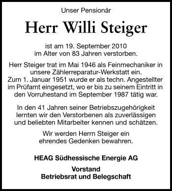 Traueranzeige von Willi Steiger von Echo-Zeitungen (Gesamtausgabe)