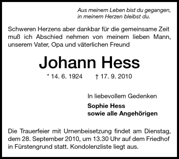 Traueranzeige von Johann Hess von Odenwälder Echo