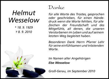 Traueranzeige von Helmut Wesselow von Rüsselsheimer Echo, Groß-Gerauer-Echo, Ried Echo