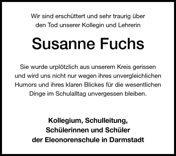 Traueranzeige von Susanne Fuchs von Darmstädter Echo, Odenwälder Echo, Rüsselsheimer Echo, Groß-Gerauer-Echo, Ried Echo