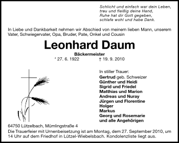 Traueranzeige von Leonhard Daum von Odenwälder Echo