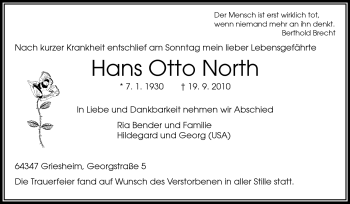 Traueranzeige von Hans Otto North von Echo-Zeitungen (Gesamtausgabe)