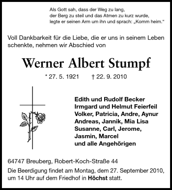 Traueranzeige von Werner Albert Stumpf von Echo-Zeitungen (Gesamtausgabe)