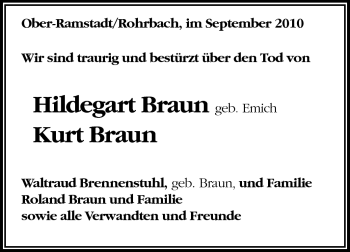 Traueranzeige von Hildegard Braun von Echo-Zeitungen (Gesamtausgabe)