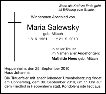 Traueranzeige von Maria Salewsky von Starkenburger Echo