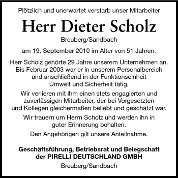 Traueranzeige von Dieter Scholz von Odenwälder Echo