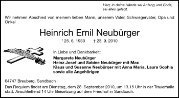 Traueranzeige von Heinrich Emil Neubürger von Odenwälder Echo