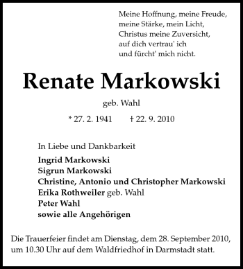 Traueranzeige von Renate Markowski von Darmstädter Echo, Odenwälder Echo, Rüsselsheimer Echo, Groß-Gerauer-Echo, Ried Echo