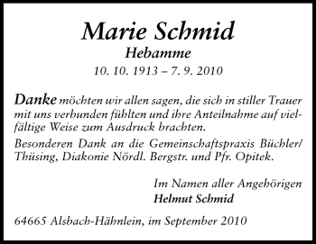 Traueranzeige von Marie Schmid von Echo-Zeitungen (Gesamtausgabe)