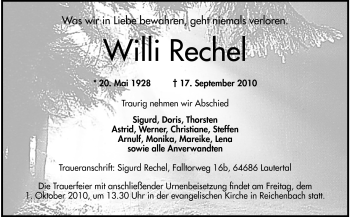 Traueranzeige von Willi Rechel von Echo-Zeitungen (Gesamtausgabe)