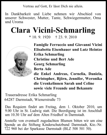 Traueranzeige von Clara Vicini-Schmarling von Echo-Zeitungen (Gesamtausgabe)