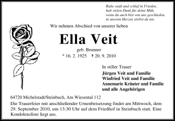 Traueranzeige von Ella Veit von Odenwälder Echo
