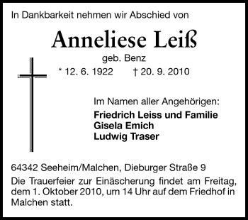 Traueranzeige von Anneliese Leiß von Echo-Zeitungen (Gesamtausgabe)