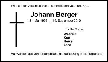 Traueranzeige von Johann Berger von Odenwälder Echo