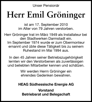 Traueranzeige von Emil Gröninger von Echo-Zeitungen (Gesamtausgabe)