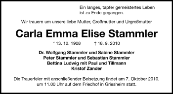Traueranzeige von Carla Emma Elise Stammler von Darmstädter Echo, Odenwälder Echo, Rüsselsheimer Echo, Groß-Gerauer-Echo, Ried Echo