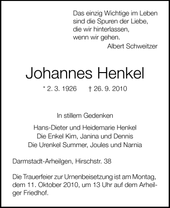 Traueranzeige von Johannes Henkel von Echo-Zeitungen (Gesamtausgabe)