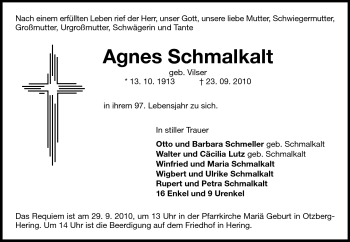Traueranzeige von Agnes Schmalkalt von Darmstädter Echo, Odenwälder Echo, Rüsselsheimer Echo, Groß-Gerauer-Echo, Ried Echo
