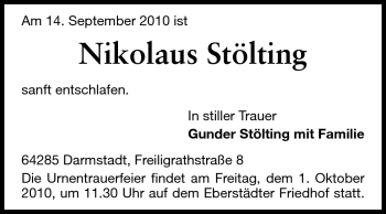 Traueranzeige von Nikolaus Stölting von Darmstädter Echo, Odenwälder Echo, Rüsselsheimer Echo, Groß-Gerauer-Echo, Ried Echo