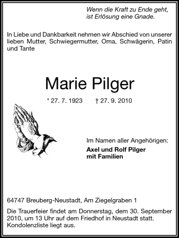 Traueranzeige von Marie Pilger von Odenwälder Echo