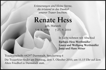 Traueranzeige von Renate Hess von Darmstädter Echo, Odenwälder Echo, Rüsselsheimer Echo, Groß-Gerauer-Echo, Ried Echo