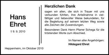 Traueranzeige von Hans Ehret von Starkenburger Echo