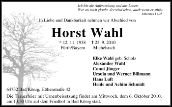 Traueranzeige von Horst Wahl von Odenwälder Echo