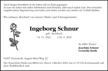Traueranzeige von Ingeborg Schnur von Echo-Zeitungen (Gesamtausgabe)