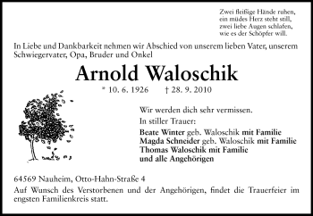 Traueranzeige von Arnold Waloschik von Rüsselsheimer Echo, Groß-Gerauer-Echo, Ried Echo