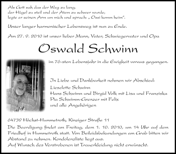 Traueranzeige von Oswald Schwinn von Odenwälder Echo