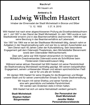 Traueranzeige von Ludwig Wilhelm Hastert von Odenwälder Echo