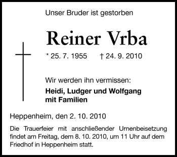 Traueranzeige von Reiner Vrba von Starkenburger Echo