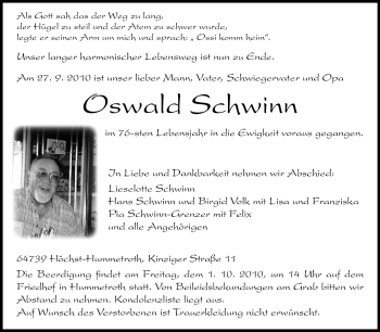 Traueranzeige von Oswald Schwinn von Odenwälder Echo