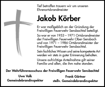 Traueranzeige von Jakob Körber von Odenwälder Echo