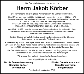 Traueranzeige von Jakob Körber von Odenwälder Echo