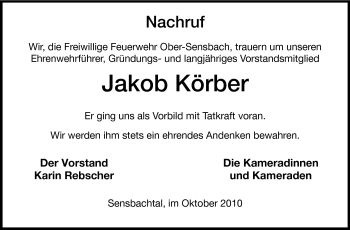 Traueranzeige von Jakob Körber von Odenwälder Echo