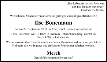 Traueranzeige von Ilse Bönemann von Echo-Zeitungen (Gesamtausgabe)