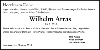 Traueranzeige von Wilhelm Arras von Darmstädter Echo, Odenwälder Echo, Rüsselsheimer Echo, Groß-Gerauer-Echo, Ried Echo