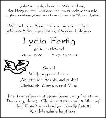 Traueranzeige von Lydia Fertig von Odenwälder Echo